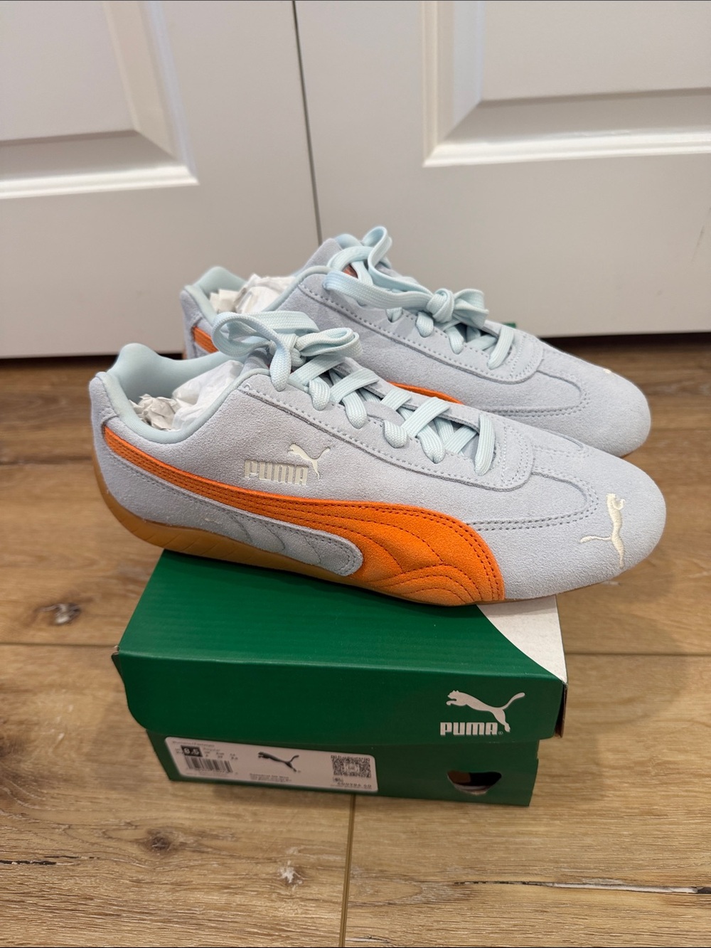 Puma Speedcat Light Blue Suede Sneakers with Orange Formstrip